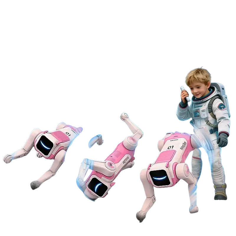 Pink and white robot dog toy with glowing blue eyes and remote control feature suitable for small product size use