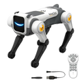 White and gray remote control robot dog with black legs, glowing blue smile, and yellow d7 logos on each joint