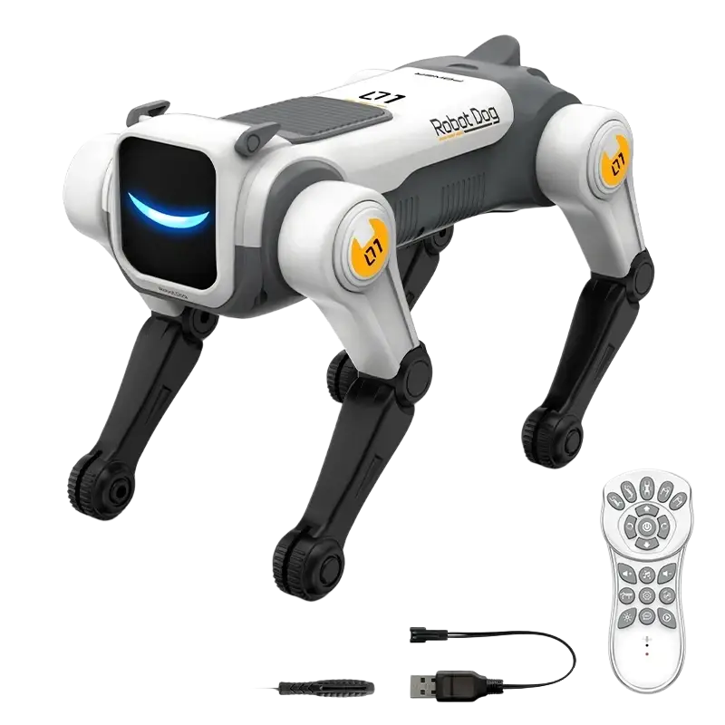White and gray remote control robot dog with black legs, glowing blue smile, and yellow d7 logos on each joint