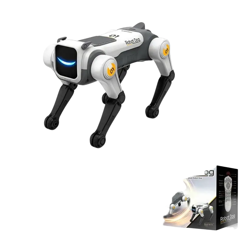 White and gray remote control robot dog toy with black legs and a glowing blue led eye for interactive play