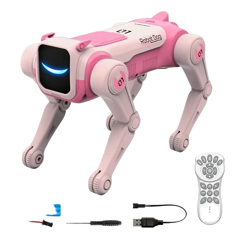Pink and white robot dog toy with voice control and stunts featuring glowing blue eyes and a sleek plastic body ideal as a birthday gift