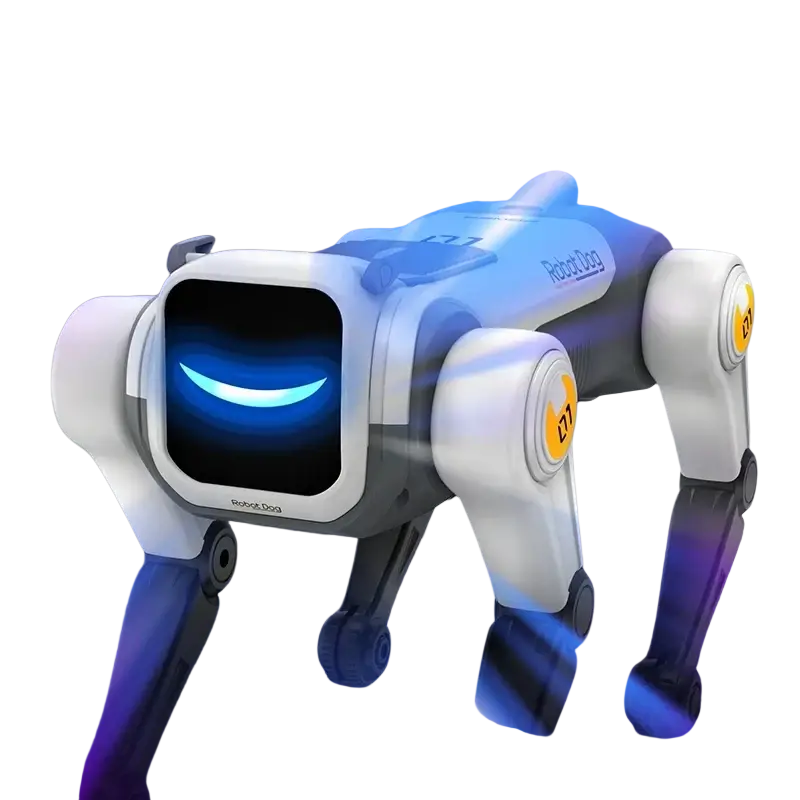 White and gray robot dog toy with glowing blue eyes featuring voice control and stunts ideal as a birthday gift