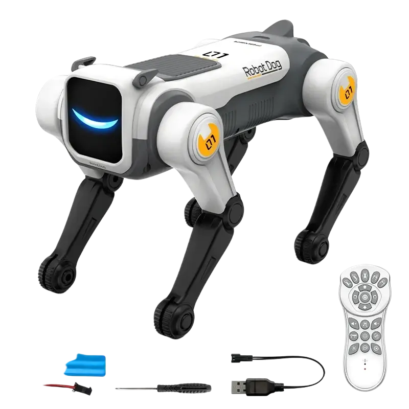 White and gray robot dog toy with black legs, glowing blue smile, and yellow d7 logos, perfect for rolling stunts birthday gift