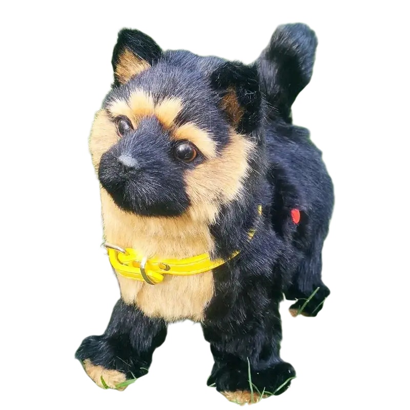 A plush black and tan german shepherd puppy toy with bright yellow collar featuring sound control for walk bark