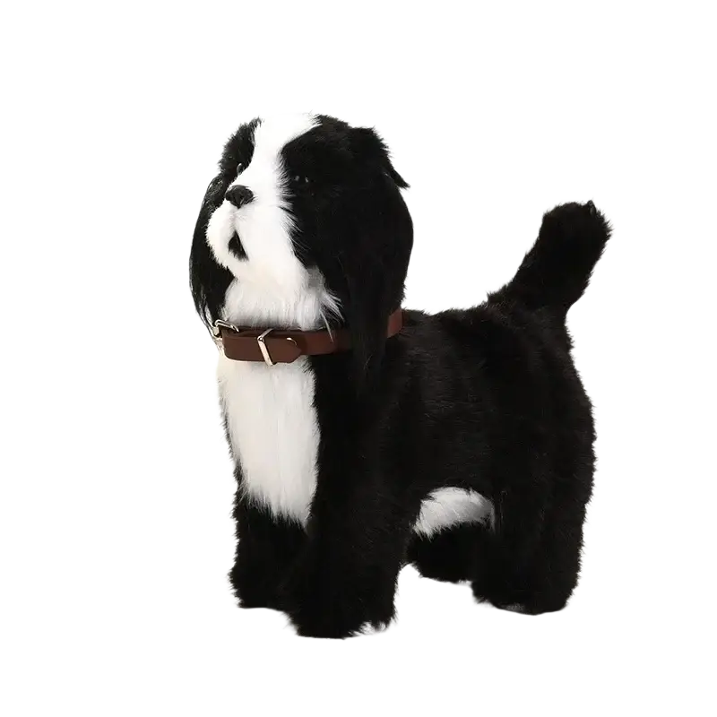 Black and white plush puppy with brown leather collar interactive sound control robot dog toy for walk bark play