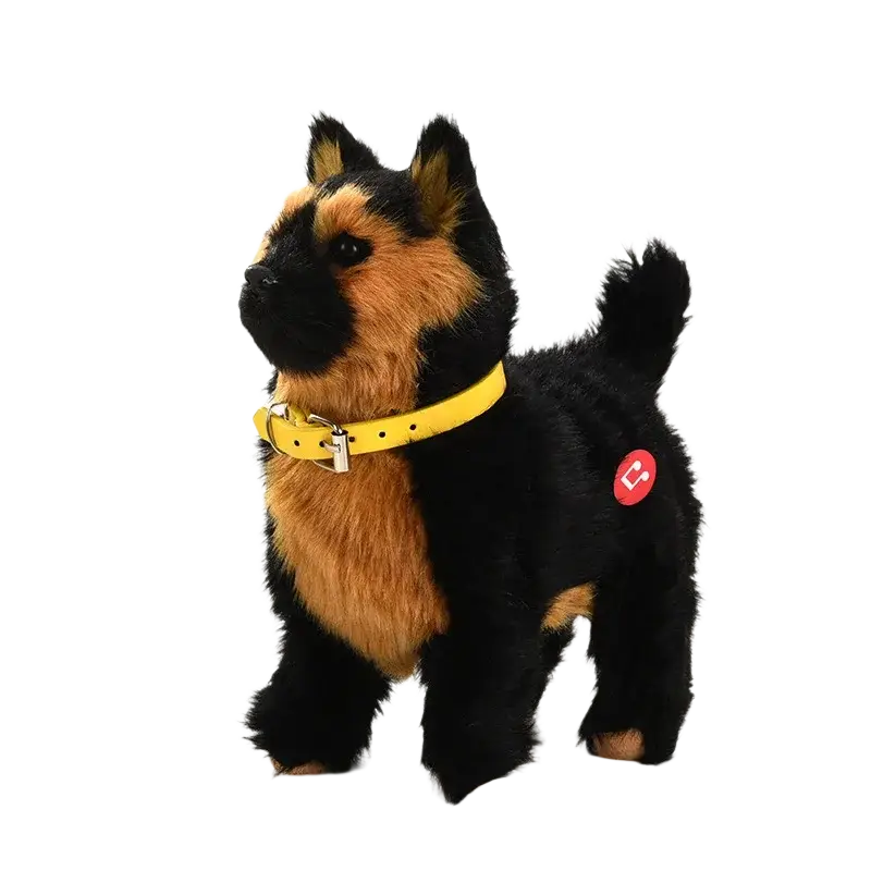 A plush german shepherd robot dog toy with black and tan fur and bright yellow collar featuring sound control