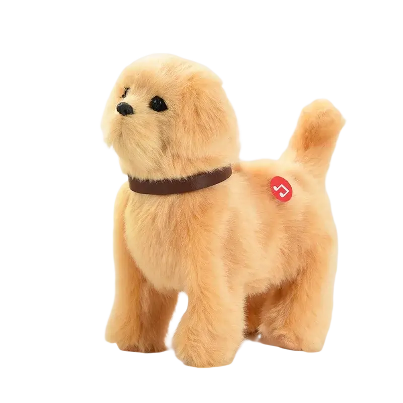 A plush golden-furred interactive robot dog toy with sound control and a red musical note sticker on its back