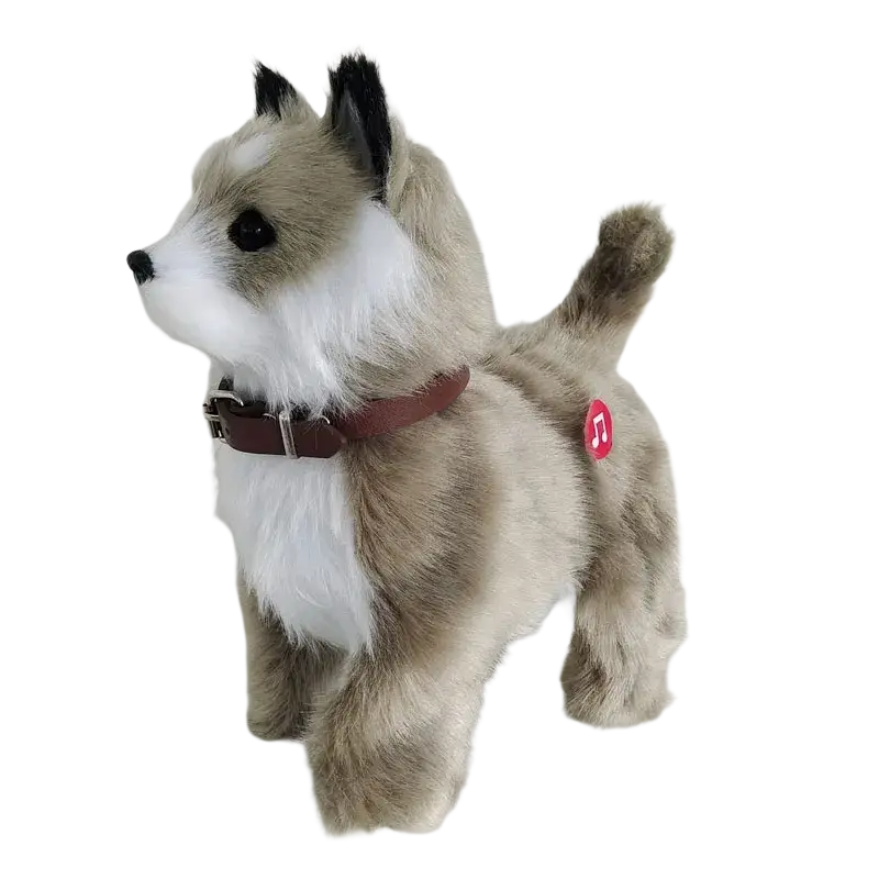 A plush husky dog toy with white and gray fur, black ears, wearing a brown collar for sound control robot dog toys