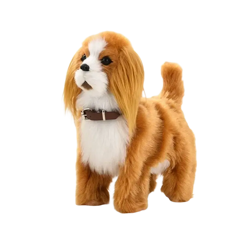 A plush tan and white cavalier king charles spaniel robot dog toy with sound control and a brown leather collar