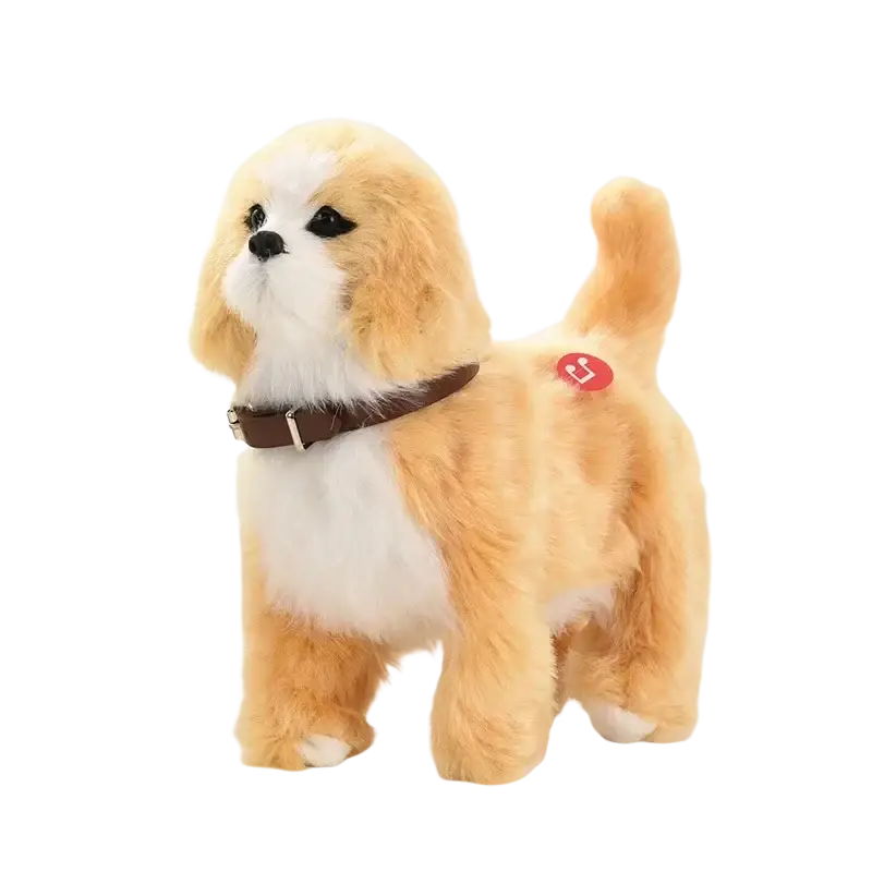 A tan and white plush puppy with a brown collar stands on legs in interactive sound control robot dog toys