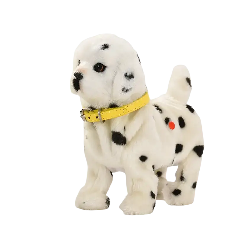White plush dalmatian robot dog toy with black spots and yellow collar featuring interactive sound control walk bark functions