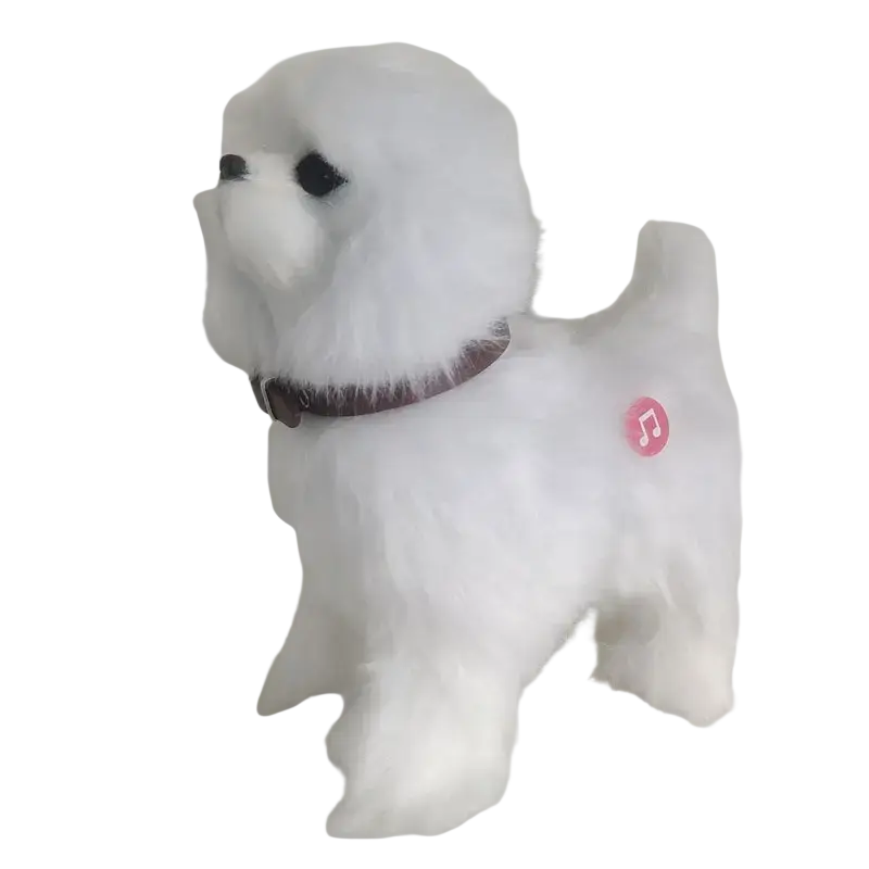 White fluffy plush robot dog toy with brown collar and pink musical note sticker featuring sound control walk bark