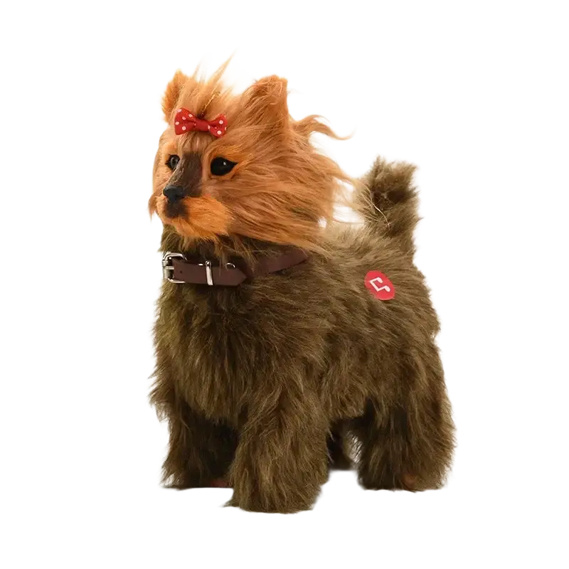 A plush yorkshire terrier robot dog toy with fluffy tan and brown fur, red bow, brown collar, and sound control features