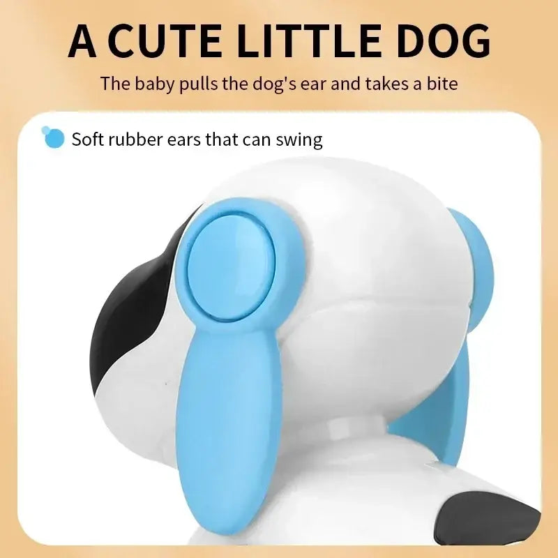A plush white and black robot electronic dog toy with soft blue rubber ears designed for dog stunt walking and dancing