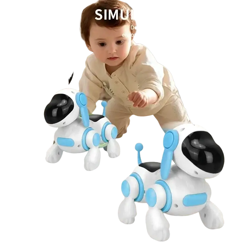 White and light blue robot electronic dog with black sensors designed as a remote control dancing toy for dog stunt walking