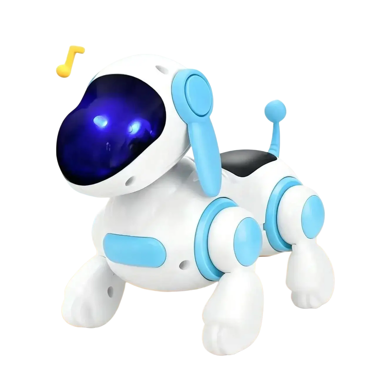 White and light blue robot electronic dog toy with glowing purple visor designed for dog stunt walking and dancing
