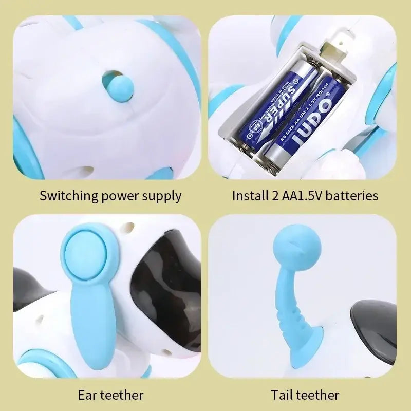 White and light blue plastic robot electronic dog with black accents designed for dog stunt walking and dancing toy use