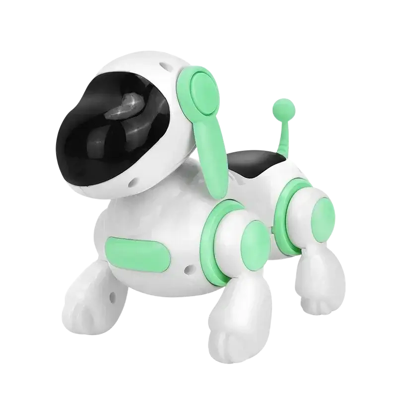 A white and mint green robot electronic dog with black visor and circular accents designed for dog stunt walking