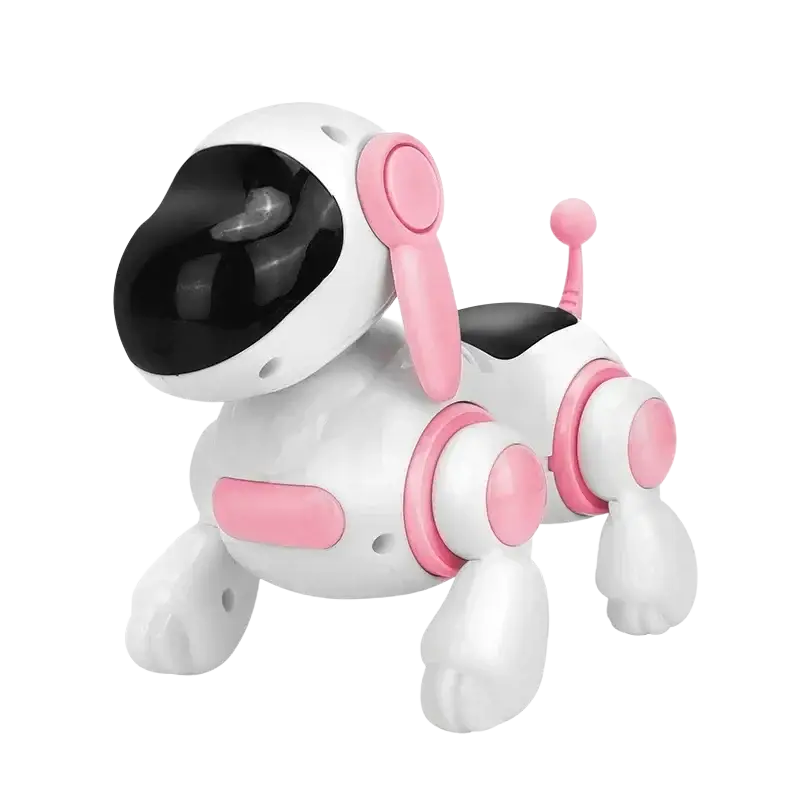 A white and pink robot electronic dog toy with a black glossy face designed for dog stunt walking and remote control