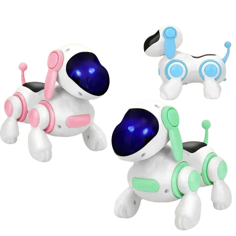 White robot electronic dog toy with glowing blue eyes soft rubber ears tail and colorful pink or green accents
