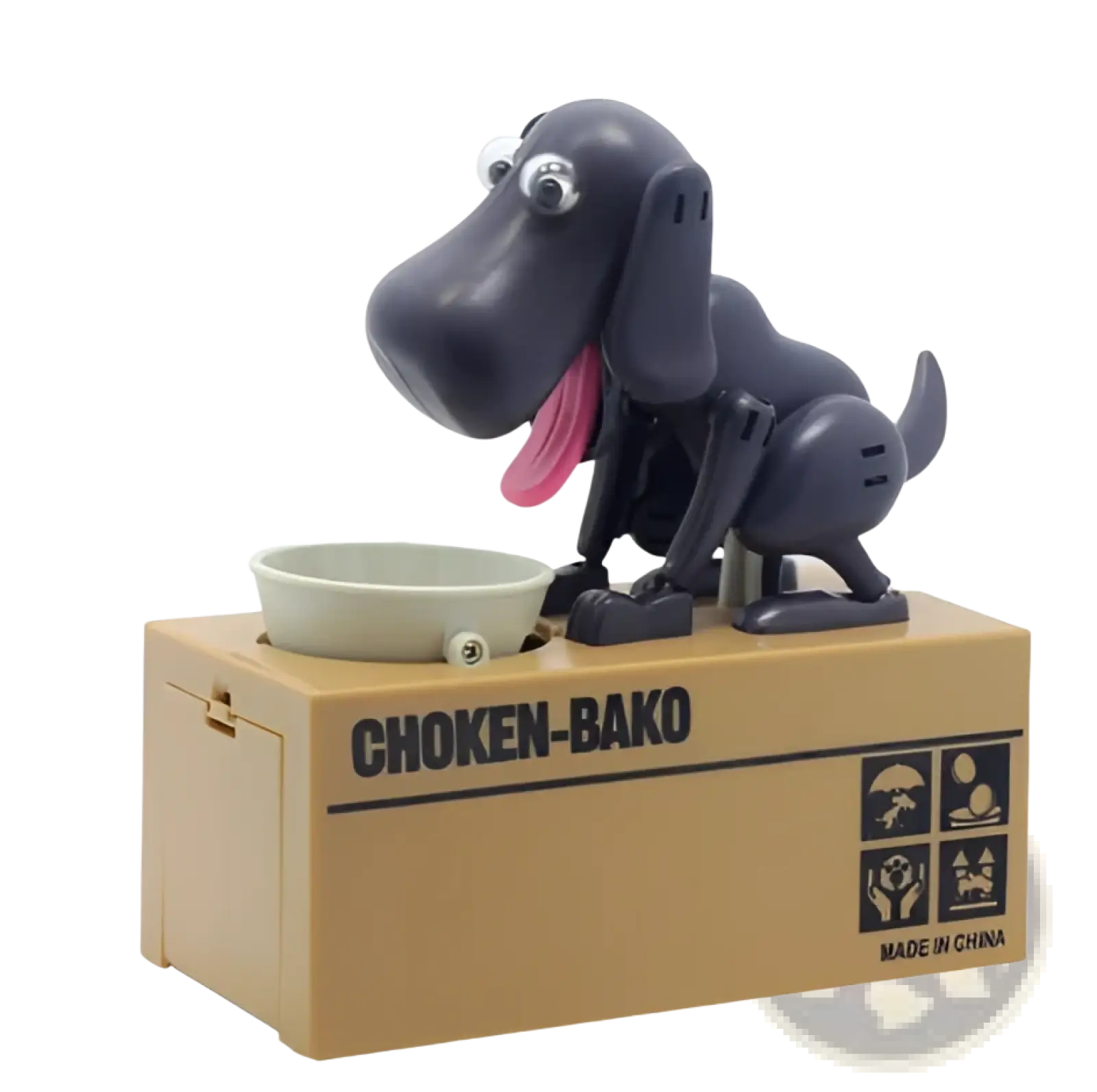 Black plastic robotic dog-shaped money bank with googly eyes and pink tongue on beige choken bako box