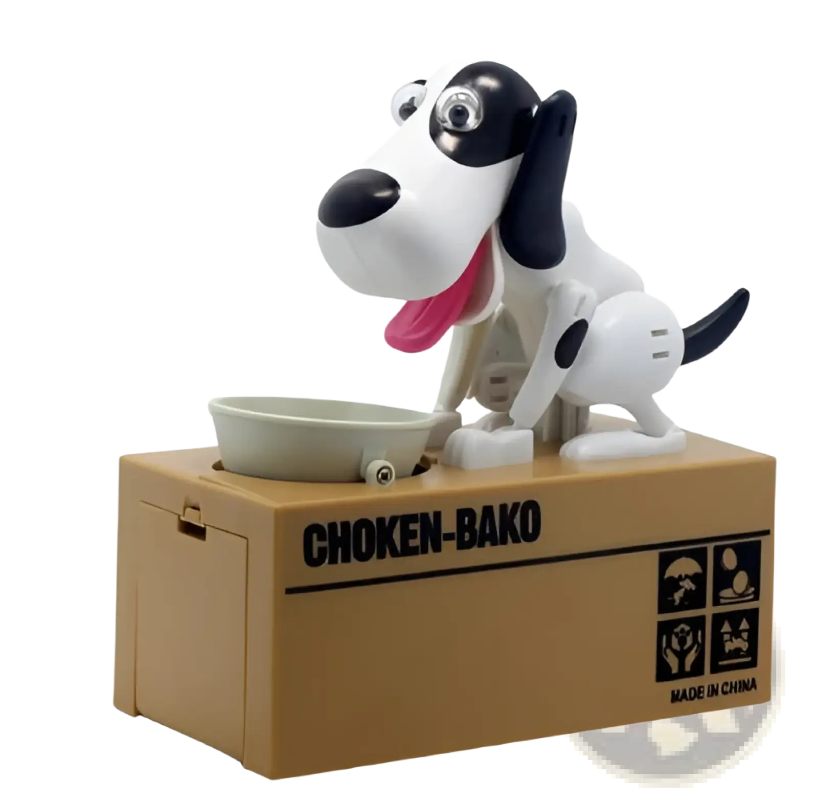 A black and white plastic robotic dog piggy bank with pink tongue sitting on a brown choken bako coin box