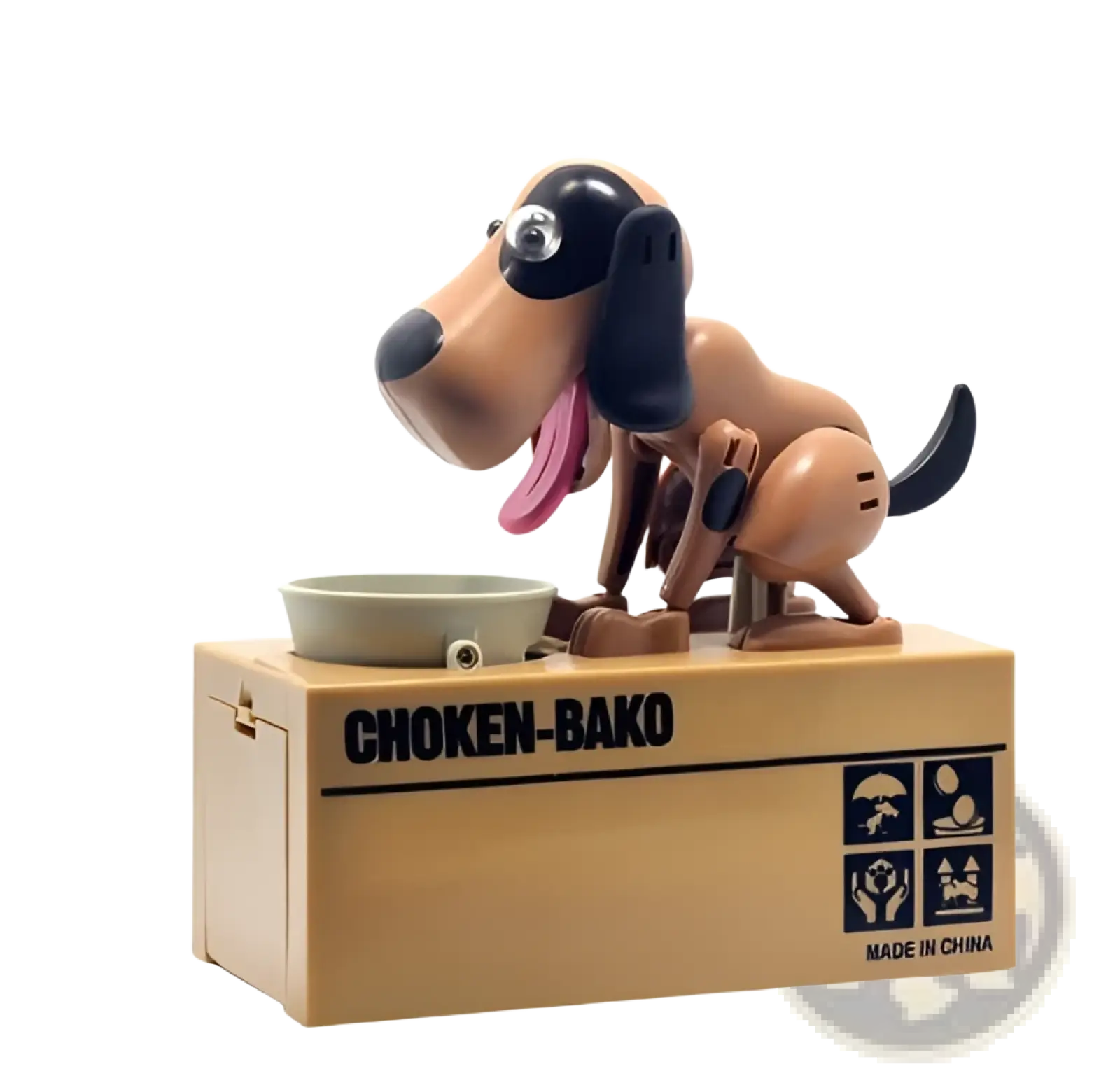 A tan and black plastic robotic dog piggy bank with a pink tongue sitting on a cardboard box labeled choken bako