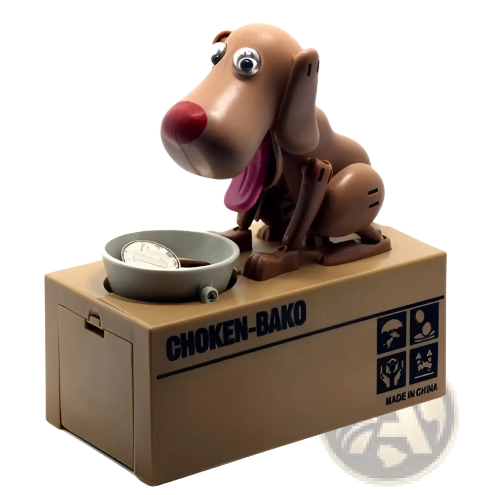 Brown plastic robotic dog piggy bank with googly eyes and red nose sitting on cardboard choken bako coin box base