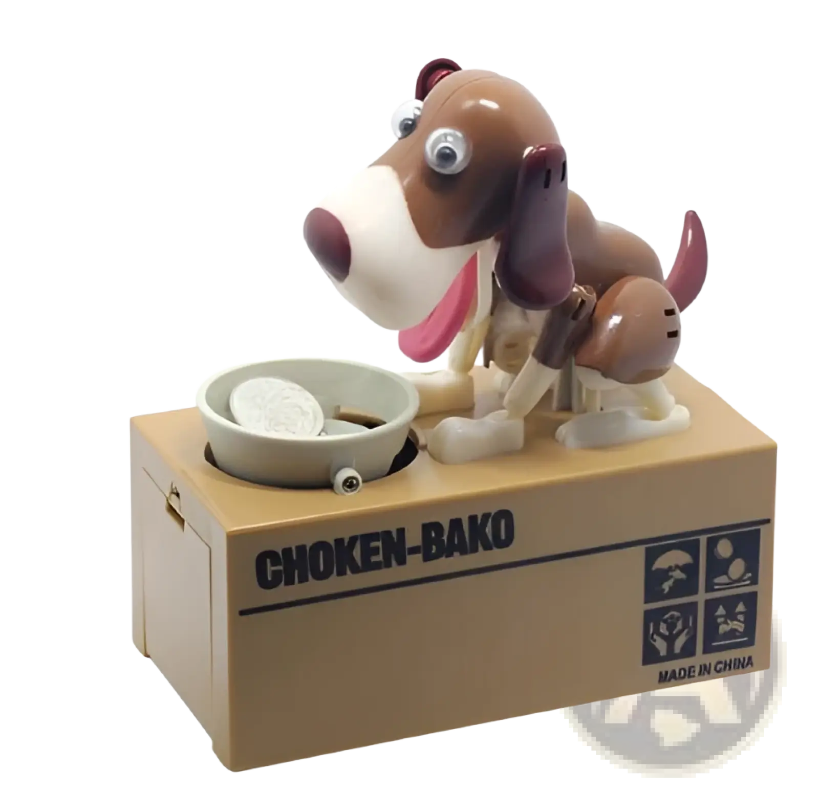 Brown and white plastic robotic dog piggy bank with googly eyes on cardboard box labeled choken bako coin box
