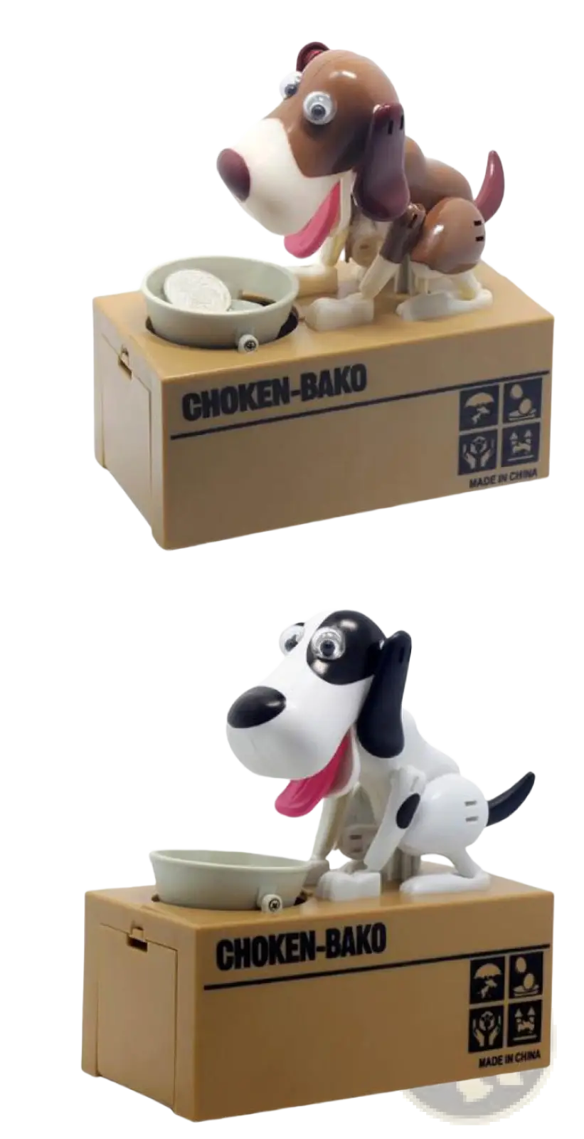 Brown and white plastic robotic dog piggy bank choken bako coin box with a bowl on its back for saving money