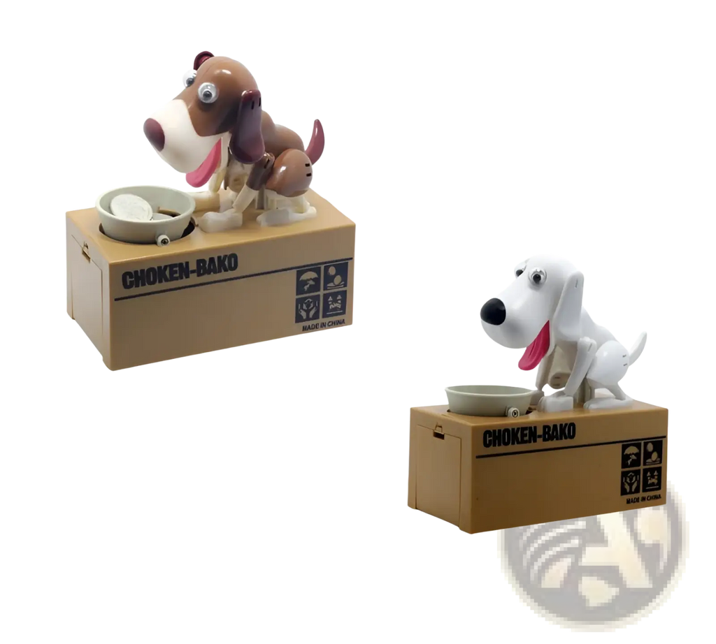 Brown and white plastic robotic dog piggy bank choken bako coin box with googly eyes on labeled cardboard boxes
