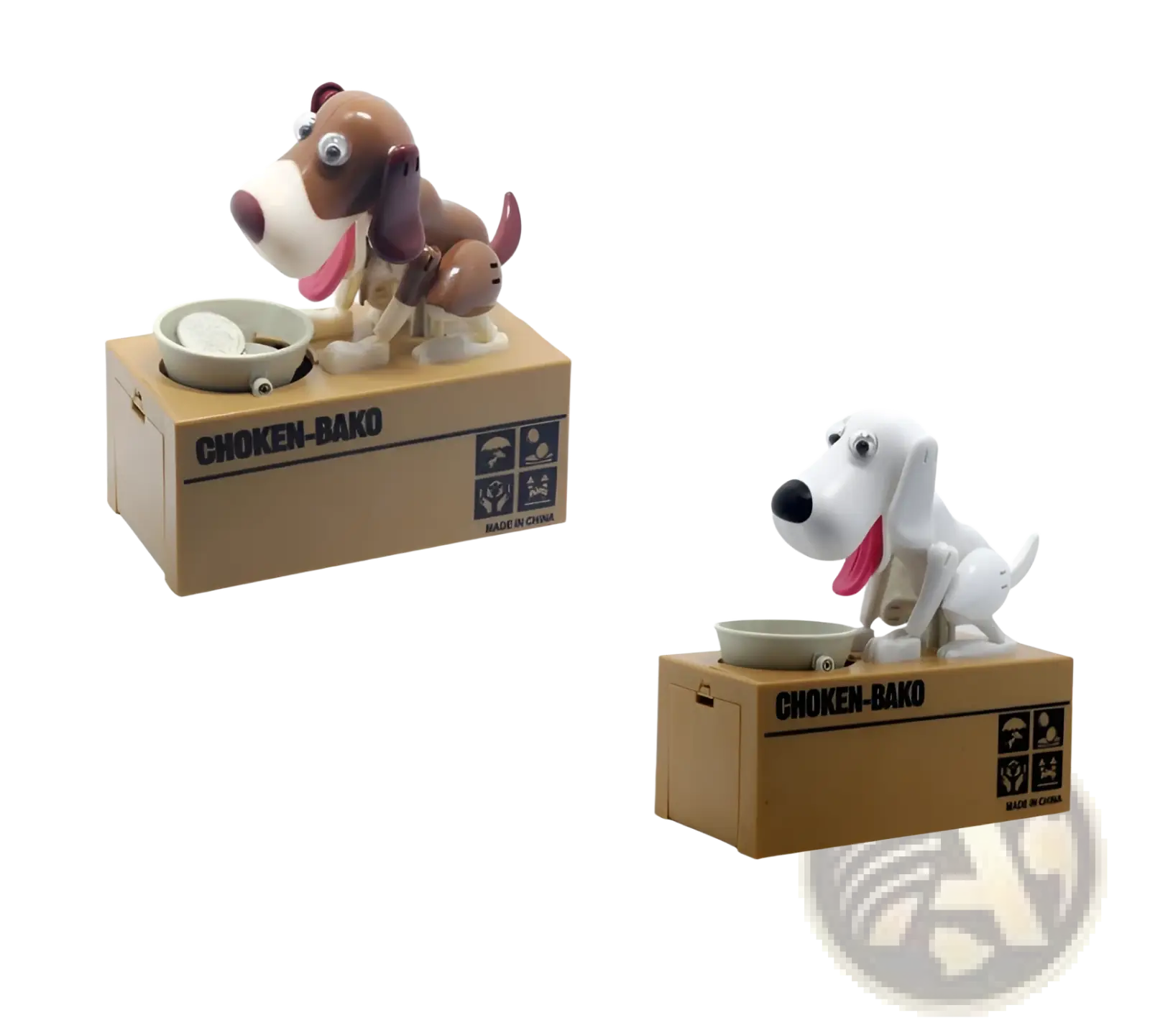 Brown and white plastic robotic dog piggy bank choken bako coin box with googly eyes on labeled cardboard boxes