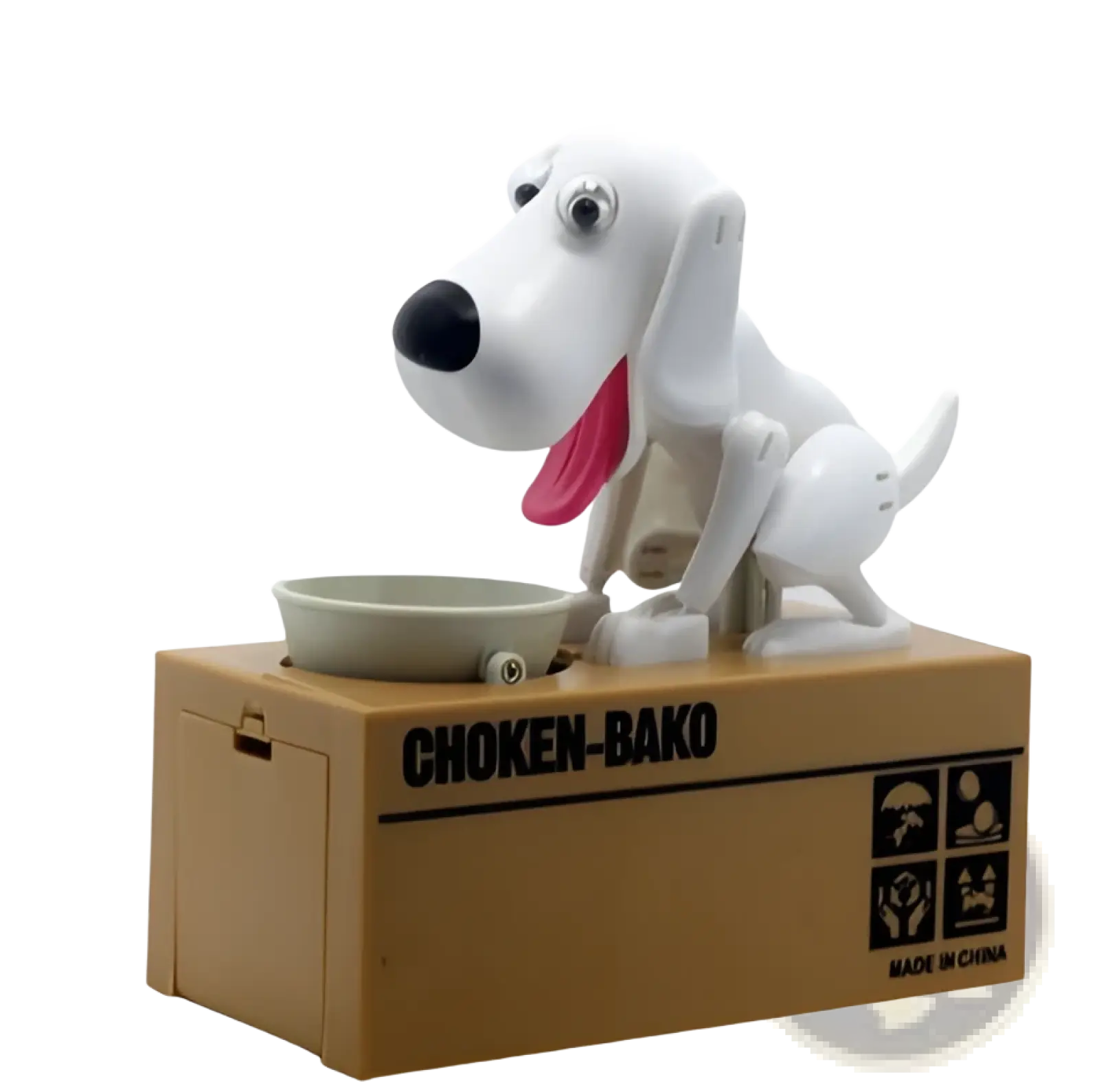 White plastic robotic dog piggy bank with black nose and pink tongue sitting on cardboard box labeled choken bako