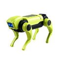 Lime green and black robotic dog toy with blue glowing eyes designed as a mechanical walking pet for diy assembly
