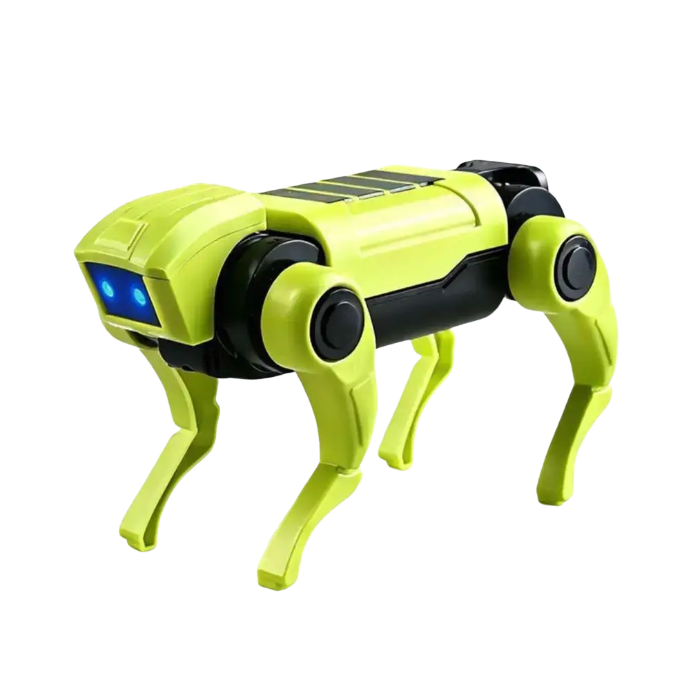 Lime green and black robotic dog toy with blue glowing eyes designed as a mechanical walking pet for diy assembly