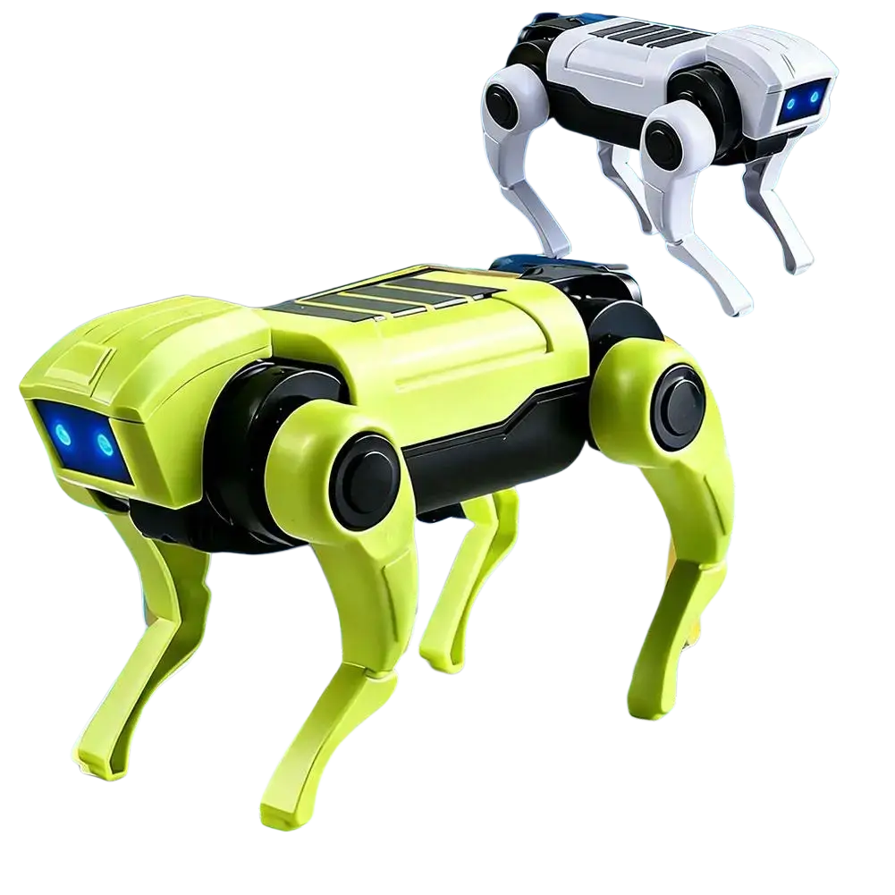 Vibrant lime green and black remote control robotic dog toy with glowing blue eyes for diy walking mechanical pet