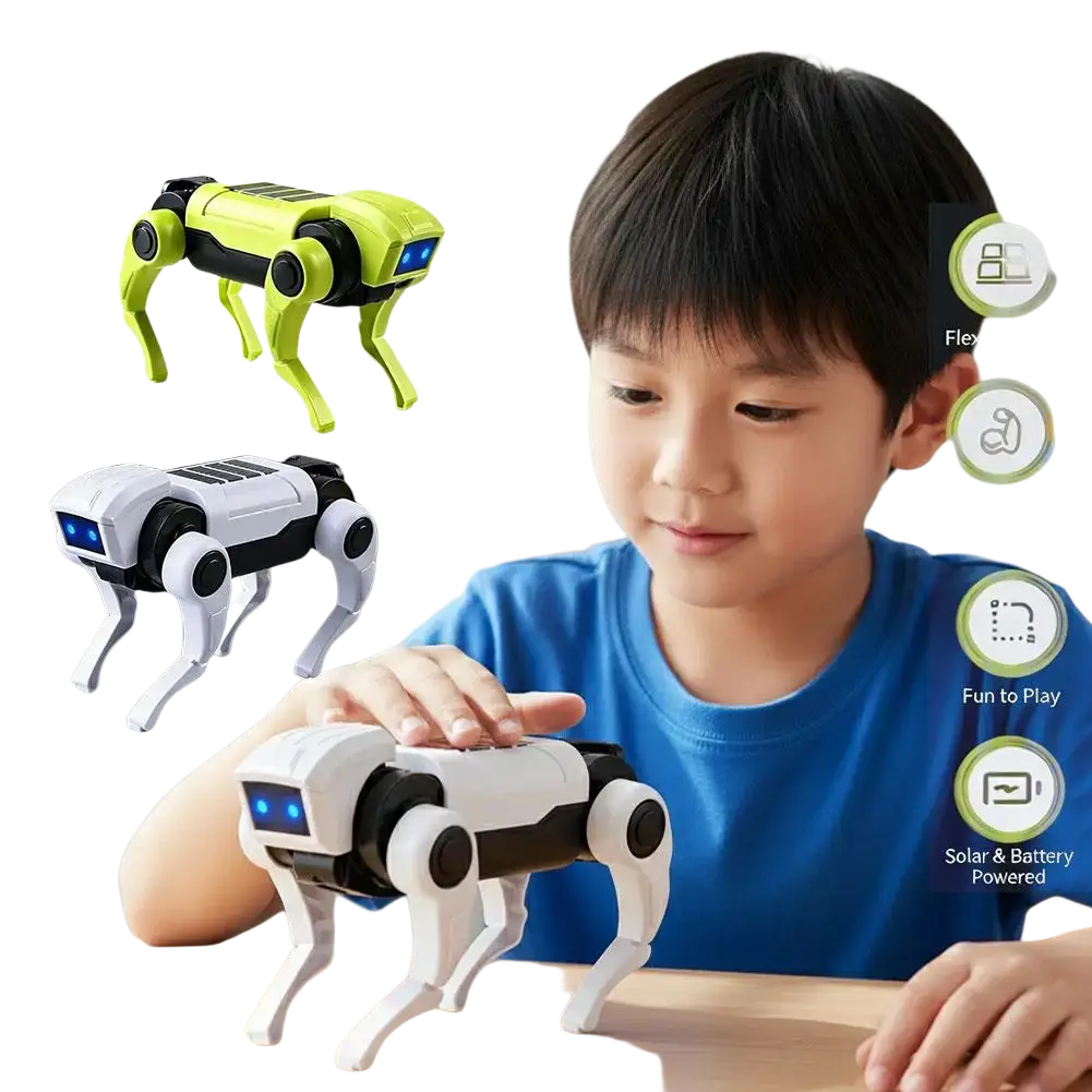 White and black robotic dog toy with blue LED eyes and solar-powered mechanical dog design for DIY walking pet