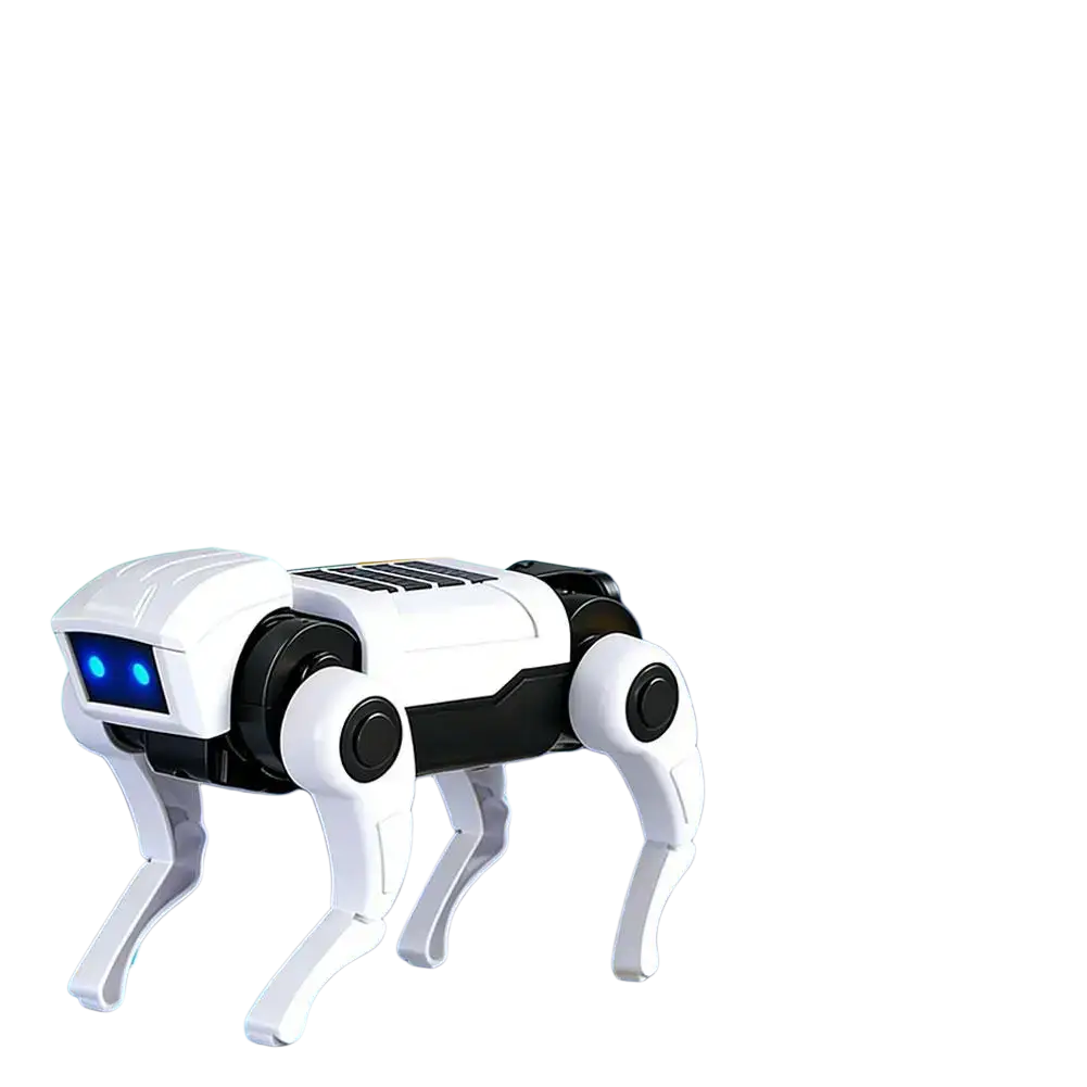 White and black solar-powered robotic dog toy with blue glowing eyes for diy mechanical pet walking functions
