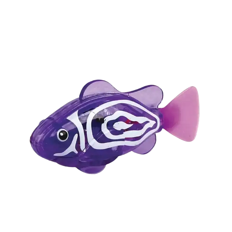 Purple translucent plastic robotic fish with white swirls and pink tail photosensitive swimming clownfish bath toy