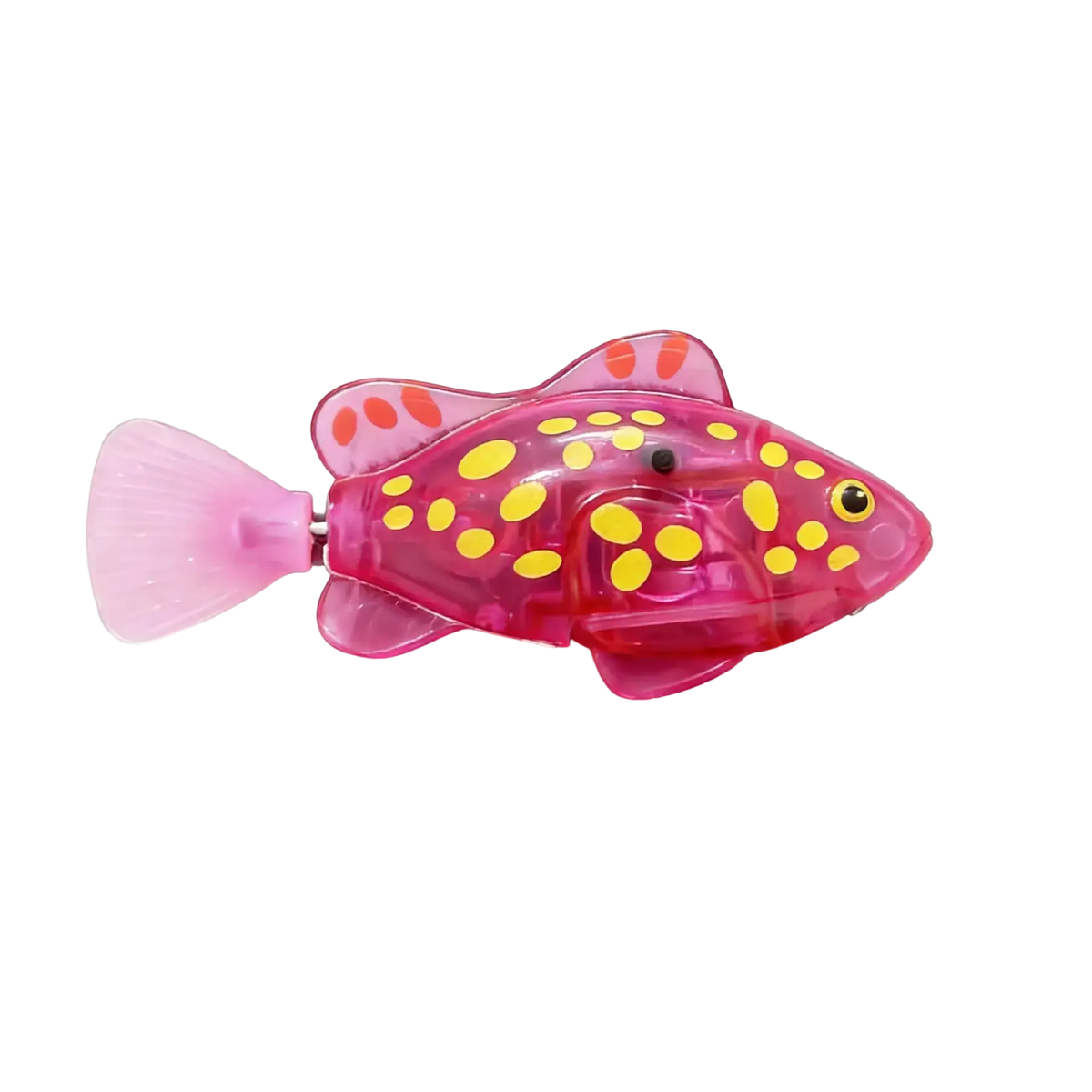 A translucent pink robotic fish bath toy with yellow and orange spots and photosensitive swimming clownfish features