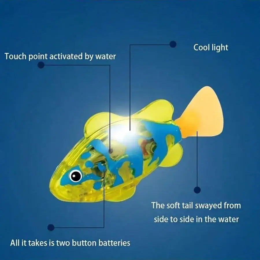 A translucent yellow and blue plastic robotic fish bath toy with a glowing photosensitive swimming clownfish feature