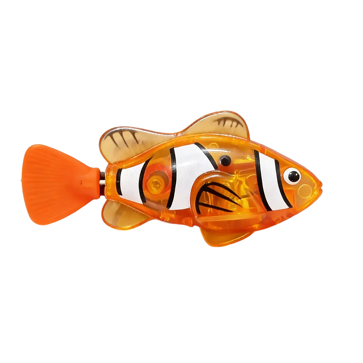 Transparent orange and white striped plastic robotic fish with black accents photosensitive swimming clownfish bath toy