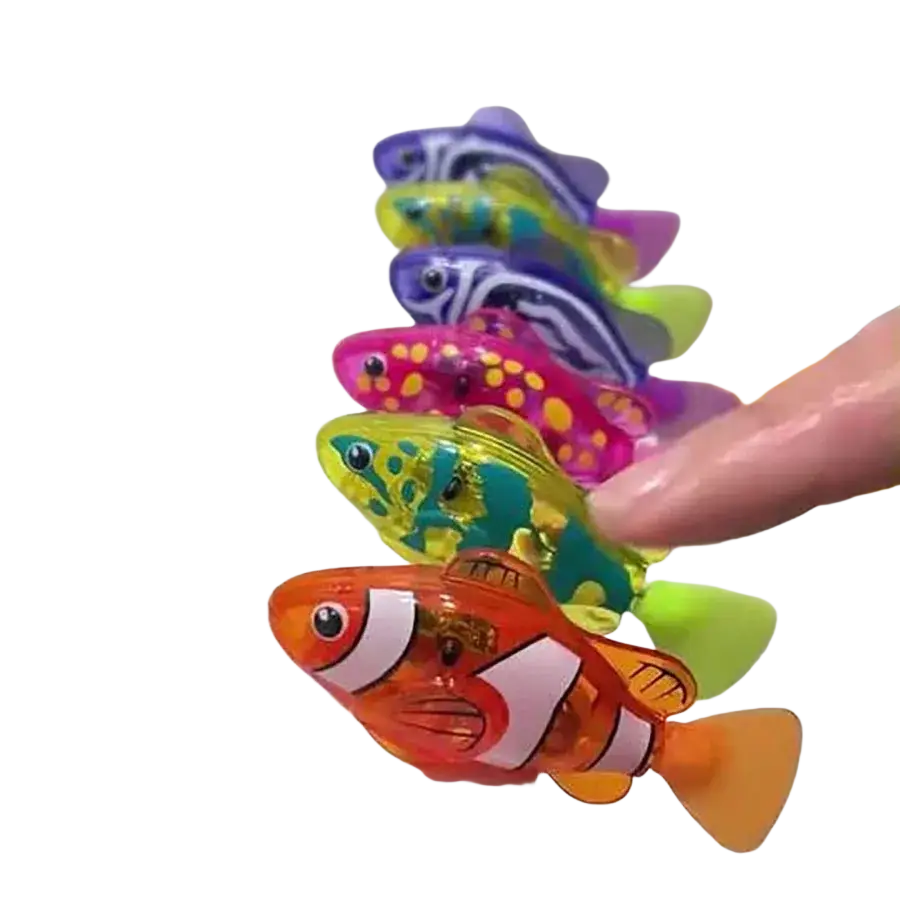 A vibrant orange and white translucent robotic fish photosensitive swimming clownfish bath toy with black stripes