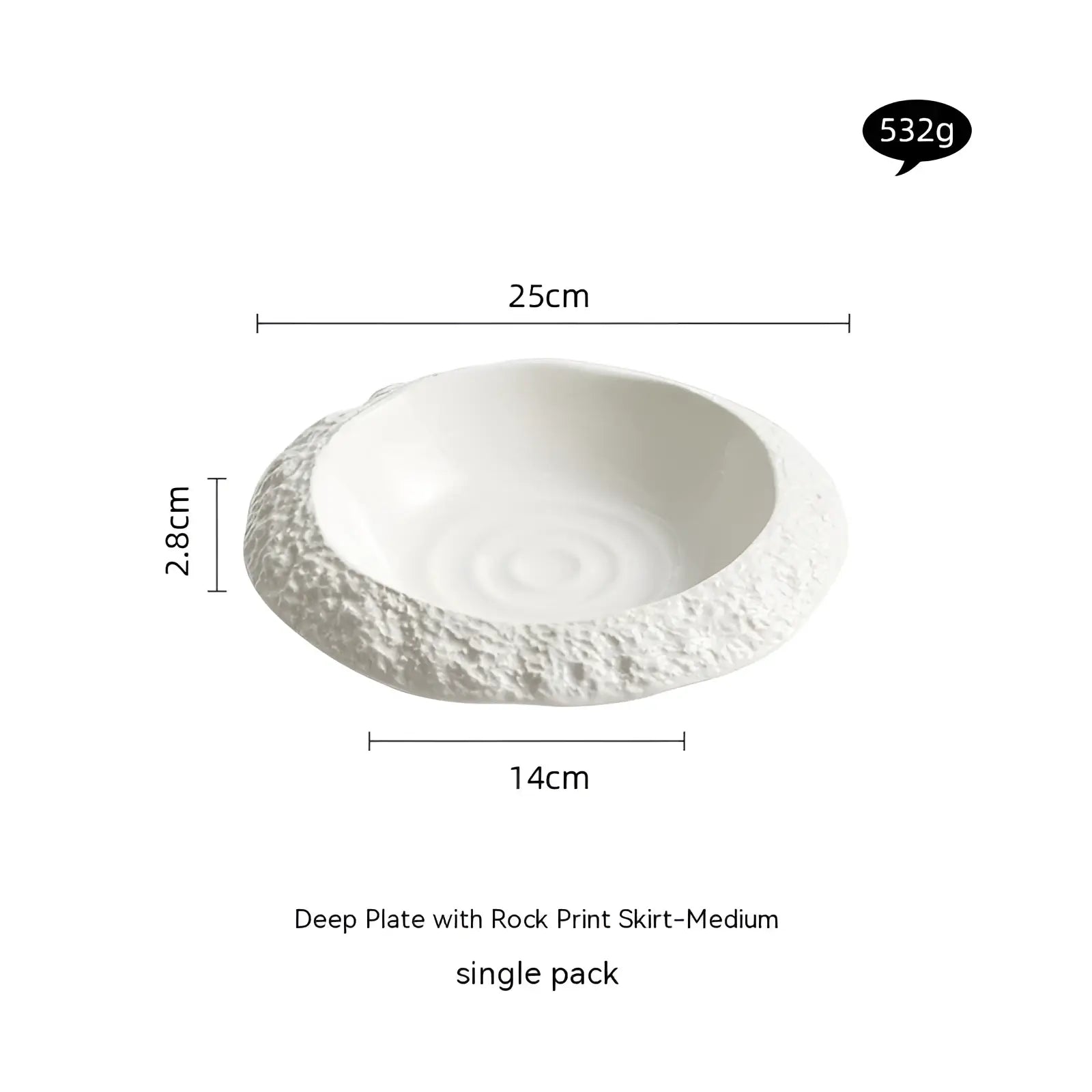 White ceramic deep plate with textured rock print skirt in modern white bowl design for serving meals