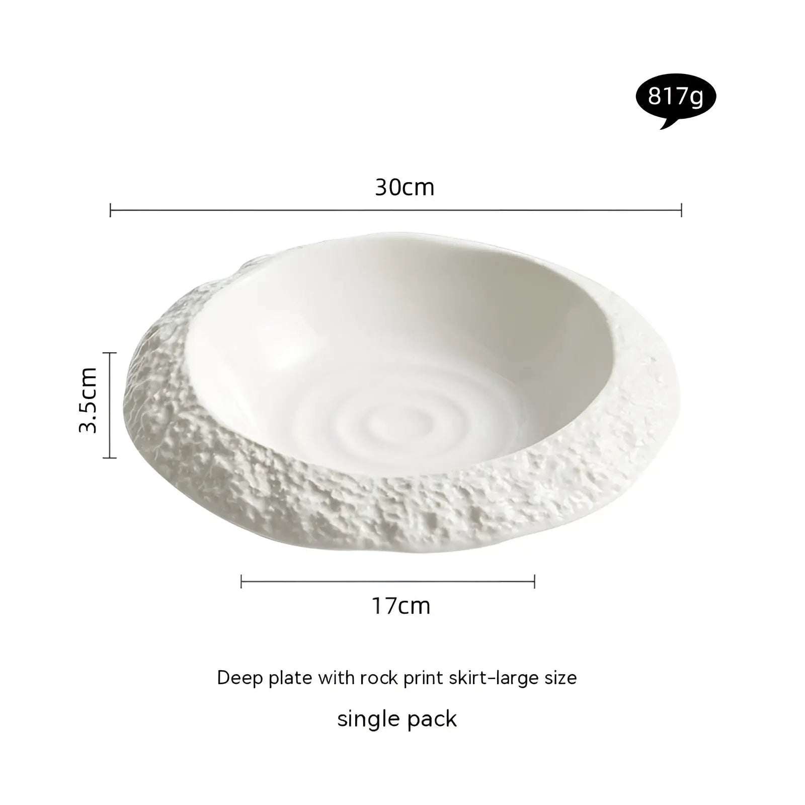 White ceramic deep plate with textured rock pattern skirt design for modern stylish dining and serving