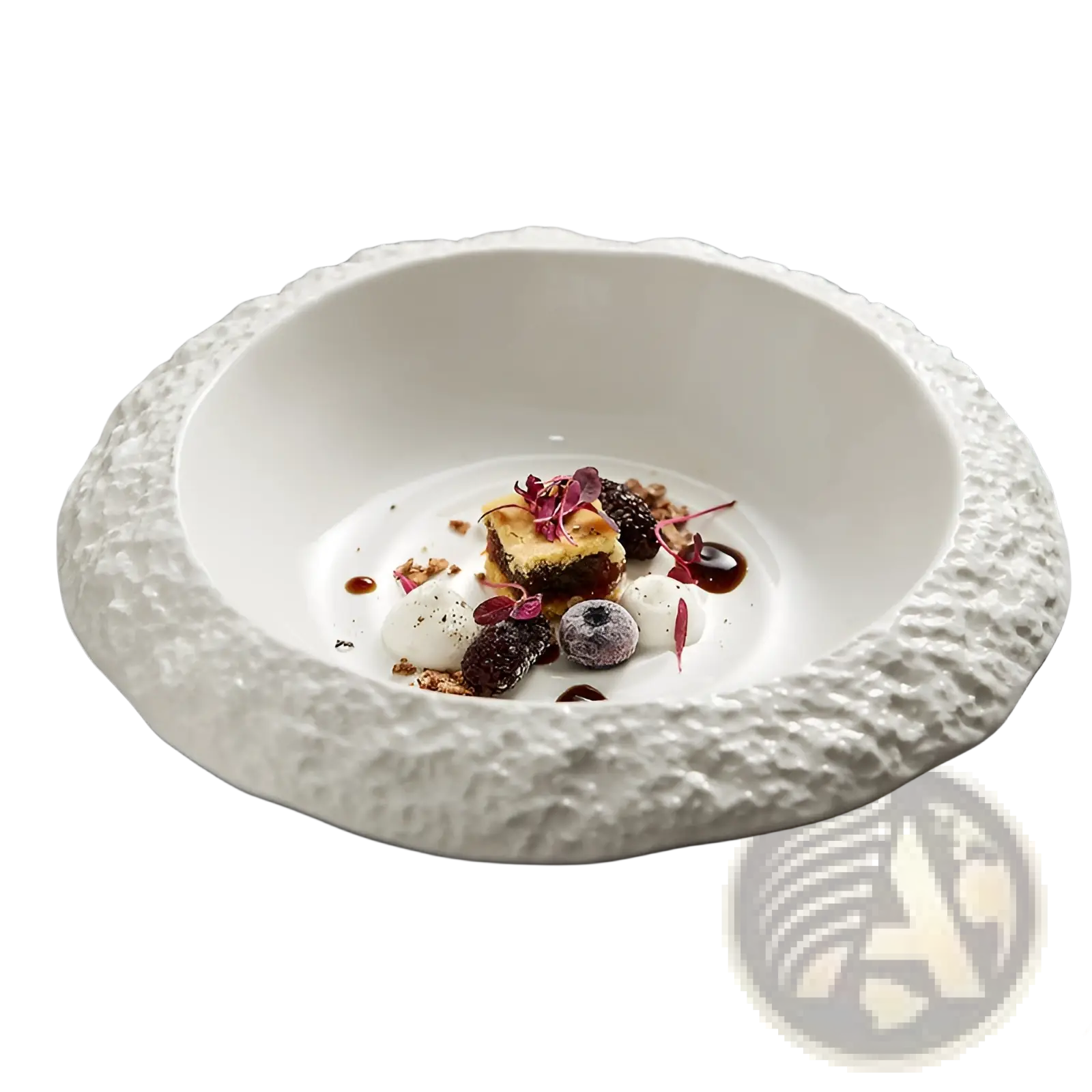 White ceramic deep bowl with a textured bumpy rim and smooth interior in a modern rock pattern design