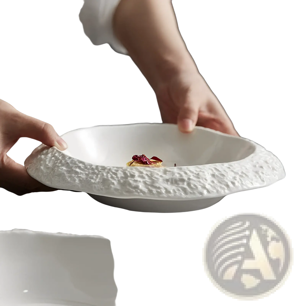 White ceramic deep plate with a textured bumpy rim and smooth interior in a modern rock pattern design