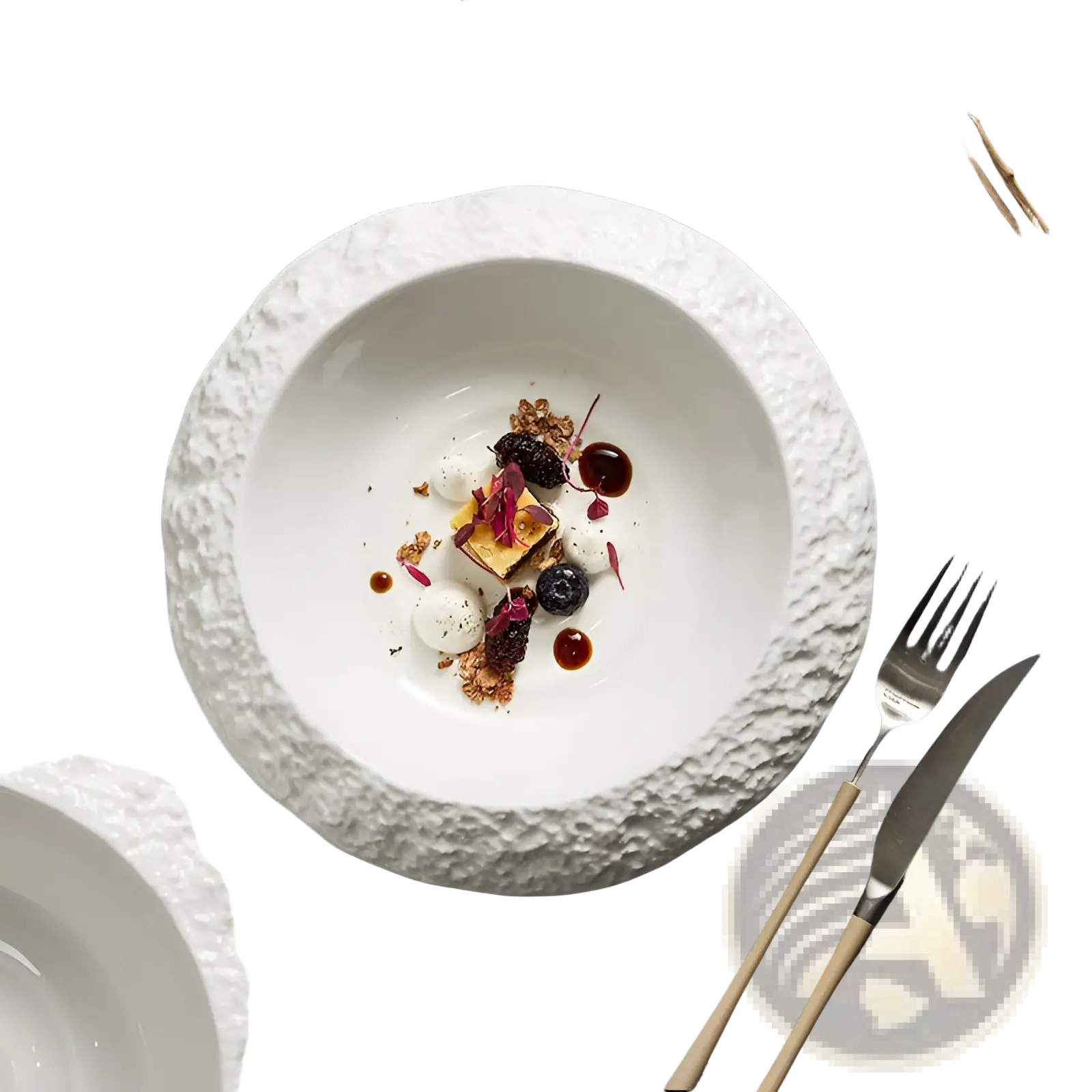 White ceramic deep bowl with textured rocky surface featuring a modern rock pattern design
