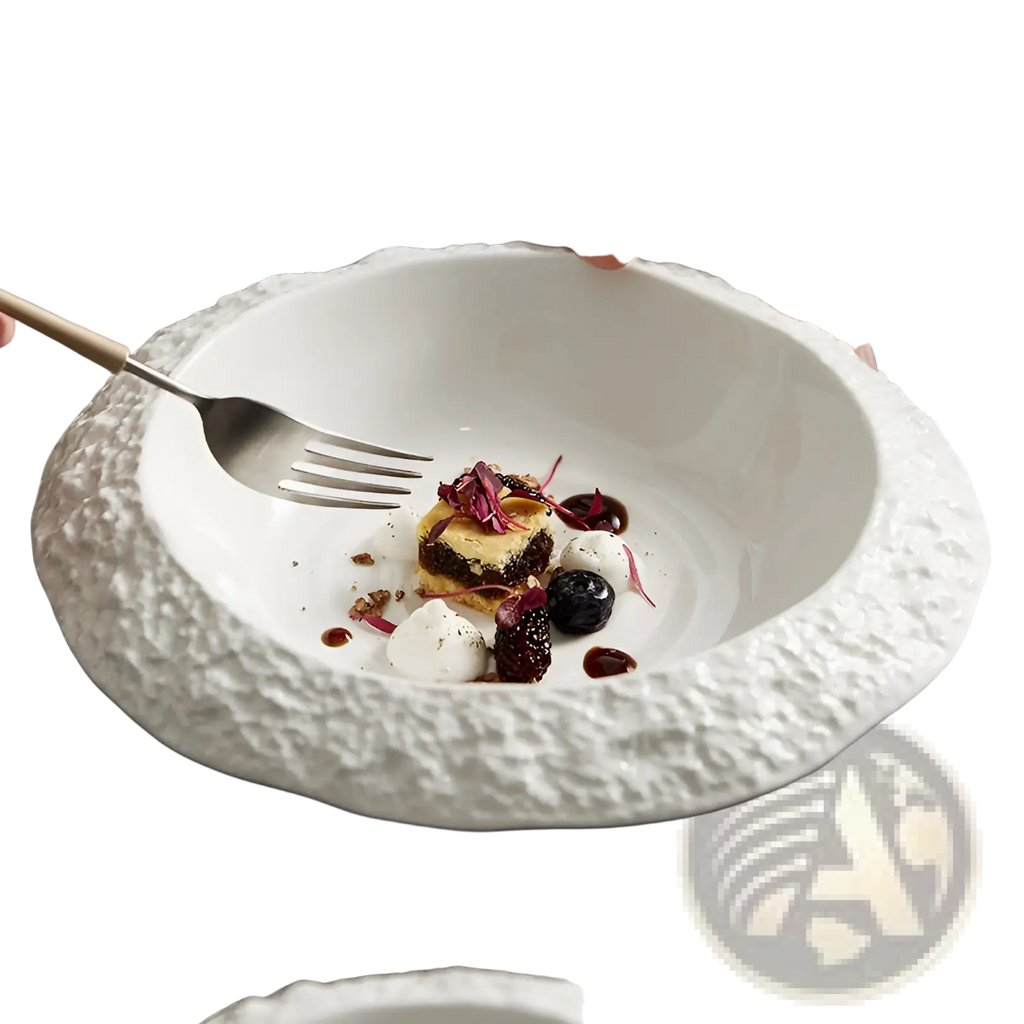 White ceramic deep bowl with a smooth interior and textured rocky exterior in a modern rock pattern design