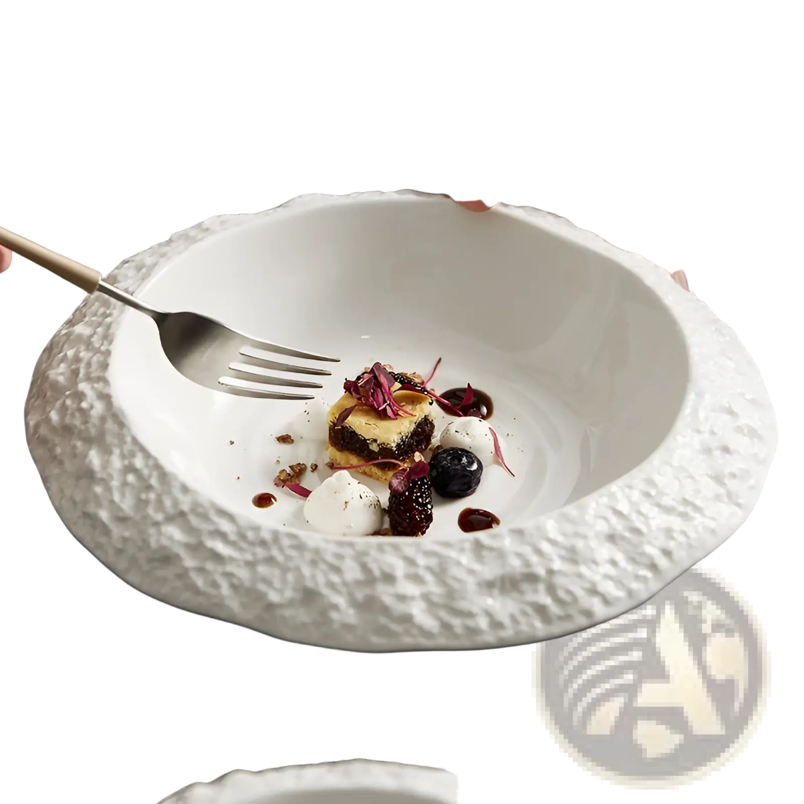 White ceramic deep bowl with a smooth interior and textured rocky exterior in a modern rock pattern design